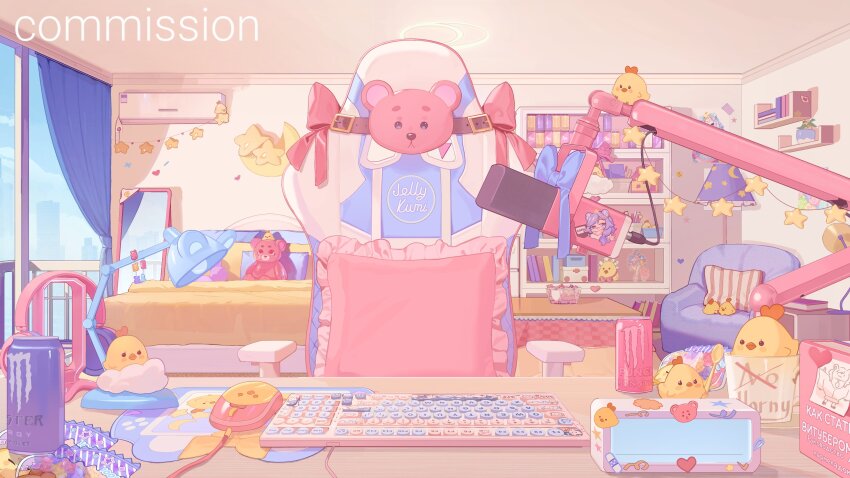 absurdres, air_conditioner, bed, bedroom, bird, bookshelf, can, chair