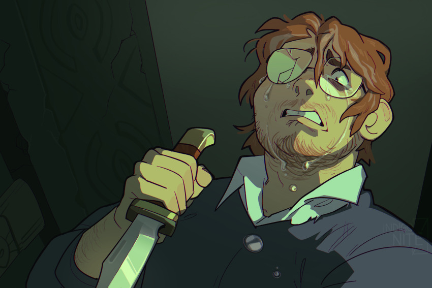 1boy, arm_hair, bags_under_eyes, beard, collared_shirt, crack, cracked_glass, facial_hair