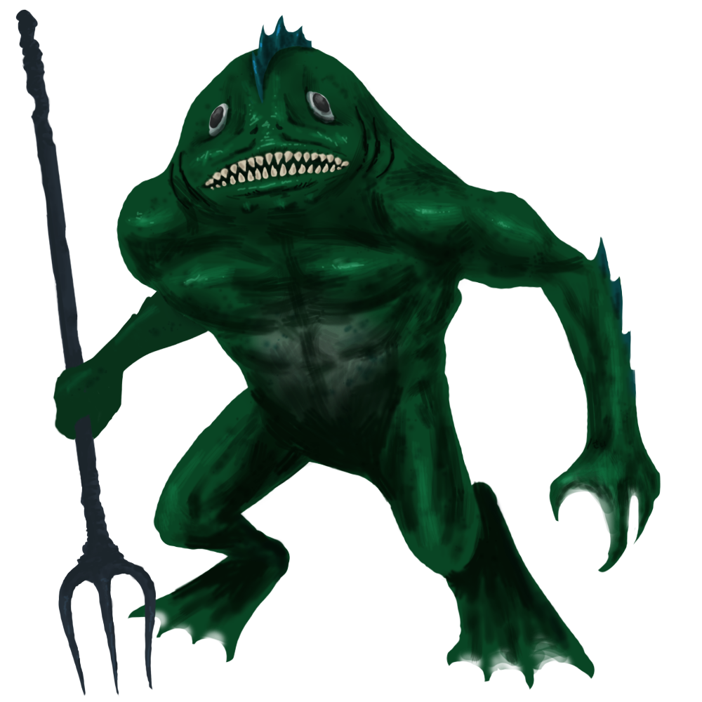 1boy, black_eyes, call_of_cthulhu, colored_skin, commentary_request, cthulhu_mythos, deep_one, fish_boy, green_skin, holding, holding_polearm, holding_weapon, monster, no_humans, polearm, sharp_teeth, simple_background, slash_sai_430, solo, standing, teeth, trident, weapon, webbed_feet, white_background