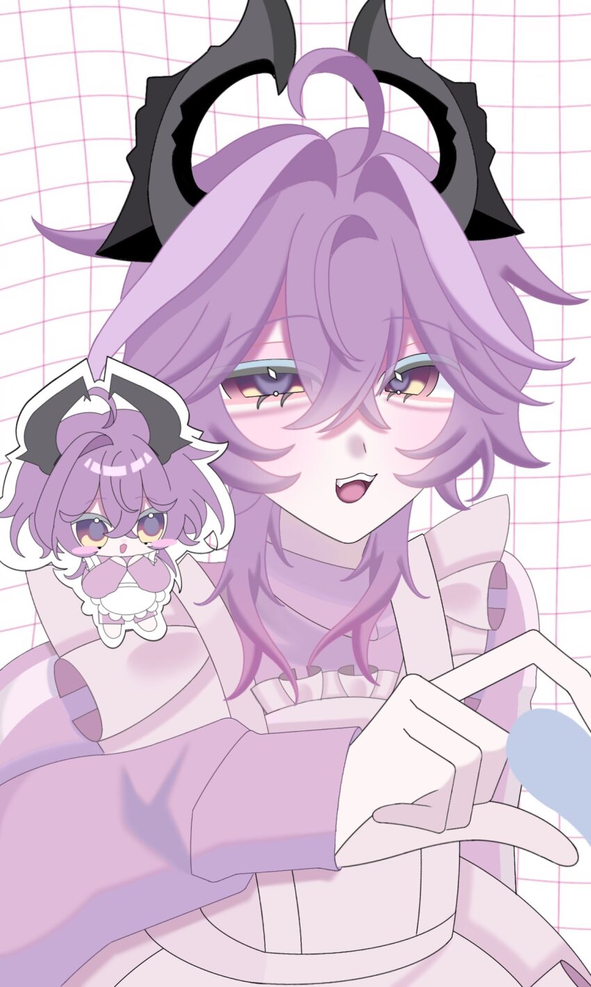 :3, ahoge, amanenemimi, chibi, commentary, dragon_horns, fang, genshin_impact, half-heart_hands, hand_up, highres, horns, jersey_maid, long_sleeves, maid, mini_durin_(genshin_impact), durin_(genshin_impact), open_mouth, purple_hair, unconventional_maid