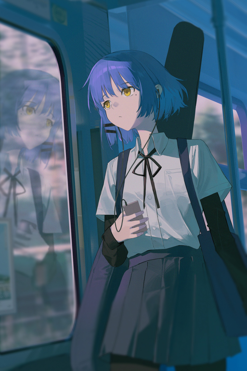 1girl, aash4i, absurdres, black_pantyhose, black_skirt, blank_stare, blue_hair, bocchi_the_rock!