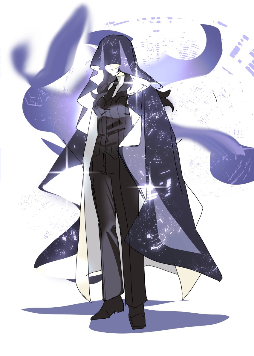 1girl, absurdres, black_hair, black_necktie, black_vest, breasts, cloak, coat
