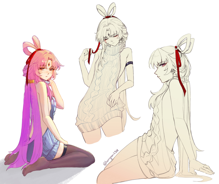 1girl, absurdres, bare_shoulders, blue_sweater, blush, bow-shaped_hair, dress, forehead_jewel