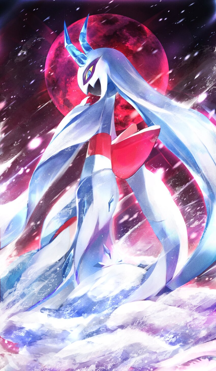 back, froslass, full_moon, gen_4_pokemon, highres, horns, ice, looking_at_viewer