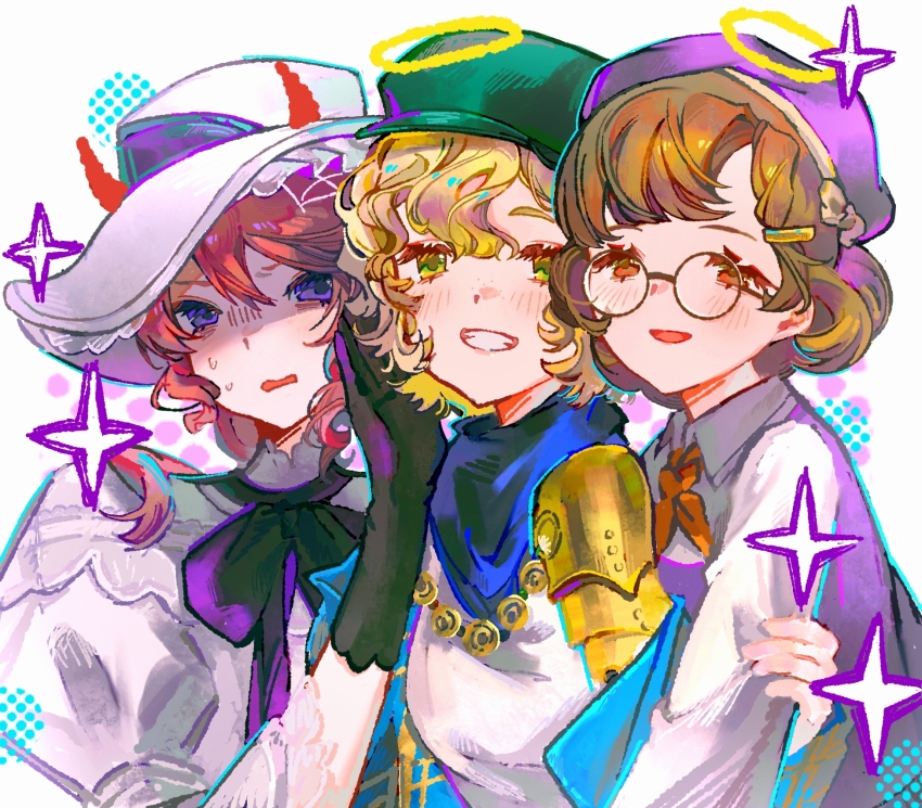 3girls, :d, armor, beret, black_gloves, blonde_hair, blue_neckerchief, bow, bowtie, brown_hair, brume_(reverse:1999), celia_(reverse:1999), felicienne_(reverse:1999), from_side, glasses, gloves, green_hat, grin, hand_up, hat, highres, jewelry, juliet_sleeves, long_sleeves, multiple_girls, neckerchief, necklace, open_mouth, puffy_sleeves, purple_bow, purple_bowtie, purple_eyes, purple_hat, purple_vest, qiepupu, red_eyes, red_hair, red_neckerchief, reverse:1999, round_eyewear, shirt, short_hair, shoulder_armor, smile, sparkle, sweat, teeth, upper_body, vest, white_background, white_hat, white_shirt