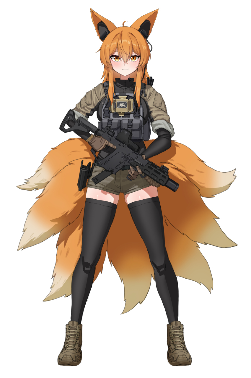 1girl, absurdres, ahoge, ammunition_pouch, animal_ear_fluff, animal_ears, black_bodysuit, black_thighhighs, bodysuit, boots, brown_boots, brown_gloves, brown_shirt, brown_shorts, bt_(user_udwc7853), buckle, bulletproof_vest, closed_mouth, commentary, commission, ear_protection, english_commentary, fang, fox_ears, fox_girl, fox_tail, full_body, gloves, gun, hair_between_eyes, headset, highres, holding, holding_gun, holding_weapon, holster, jacket, kitsune, kriss_vector, load_bearing_vest, long_hair, long_sleeves, looking_at_viewer, magazine_(weapon), optical_sight, orange_eyes, orange_hair, orange_tail, original, phone_holder, pouch, shirt, shorts, sidelocks, simple_background, skin_fang, sleeves_rolled_up, slit_pupils, smile, snap-fit_buckle, solo, standing, submachine_gun, suppressor, tactical_clothes, tail, thighhighs, thighs, trigger_discipline, turtleneck, turtleneck_jacket, unit_patch, vertical_foregrip, weapon, white_background, zettai_ryouiki
