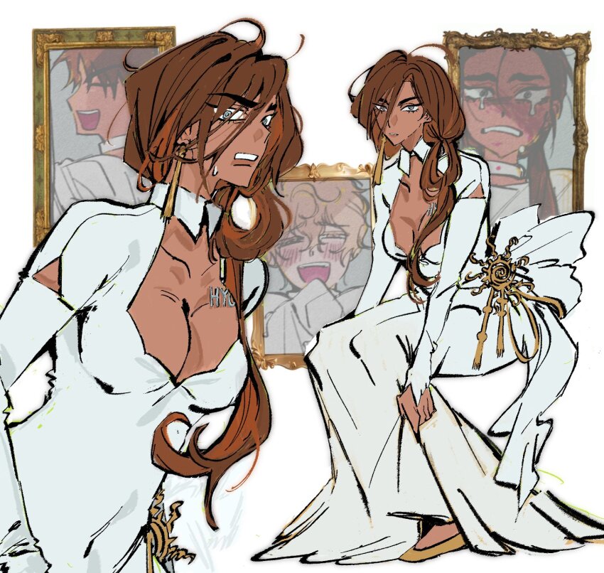 1girl, 2boys, alien_stage, alternate_costume, alternate_universe, arcorclynn, arm_cutout, back_bow, bow, breasts, brown_hair, cleavage, cleavage_cutout, clothing_cutout, commentary, dark-skinned_female, dark_skin, dress, dress_bow, earrings, english_commentary, grey_eyes, hair_over_shoulder, hair_rings, highres, hyunwoo_(alien_stage), jewelry, long_dress, long_hair, long_sleeves, multiple_boys, picture_frame, shoes, single_earring, single_hair_ring, sitting, white_bow, white_dress, yellow_shoes