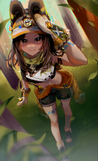 1girl, animal_ears, animification, bandana, bandana_around_neck, bent_over, blurry, blurry_foreground