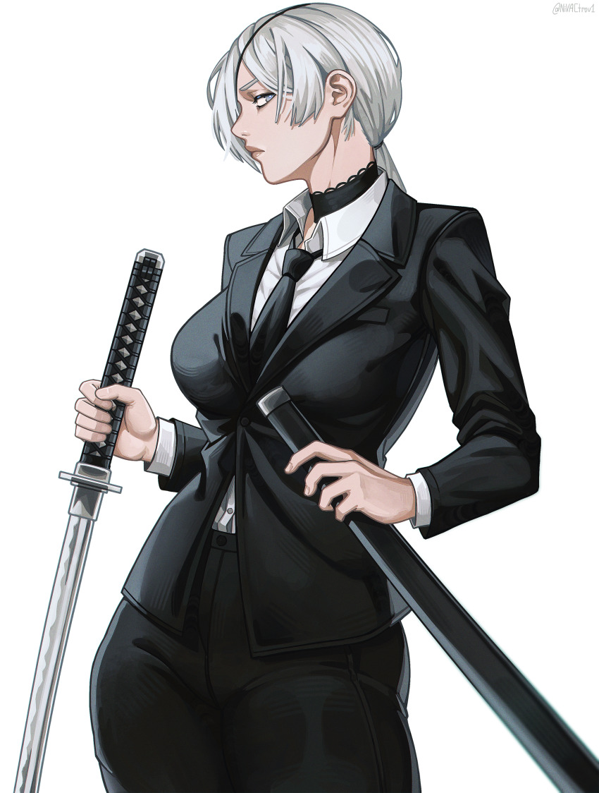 1girl, absurdres, black_choker, black_jacket, black_necktie, black_suit, breasts, chainsaw_man