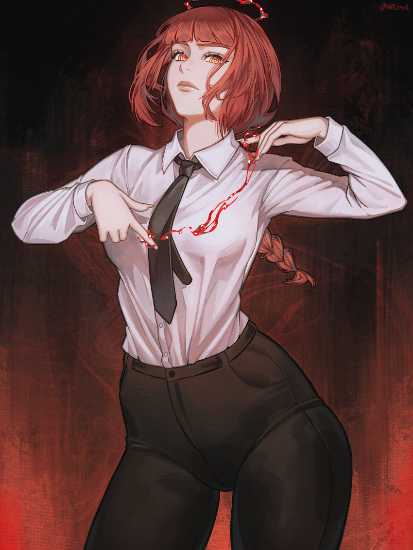 1girl, absurdres, black_necktie, black_pants, blood, blood_halo, braid, braided_ponytail