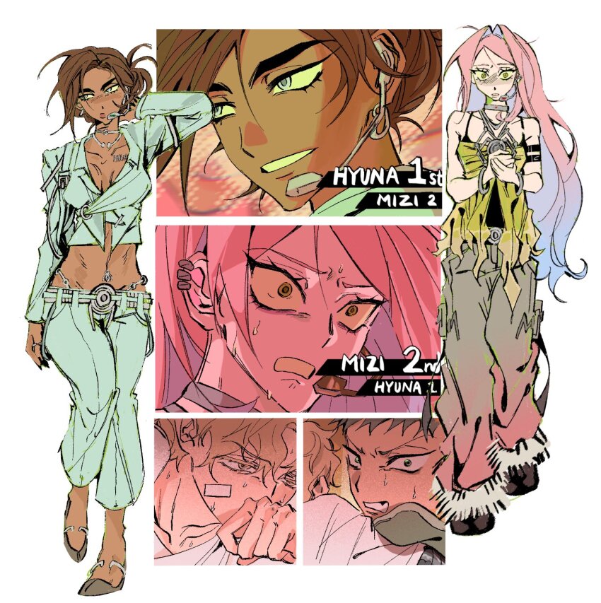 2boys, 2girls, alien_stage, arcorclynn, black_camisole, blue_hair, breasts, brown_hair