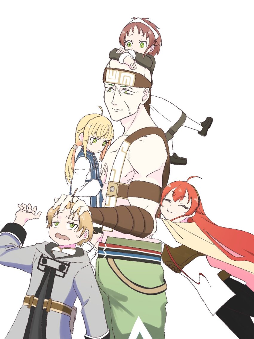 2boys, 3girls, ahoge, aisha_greyrat, bald, bandana, brother_and_sister, cloak