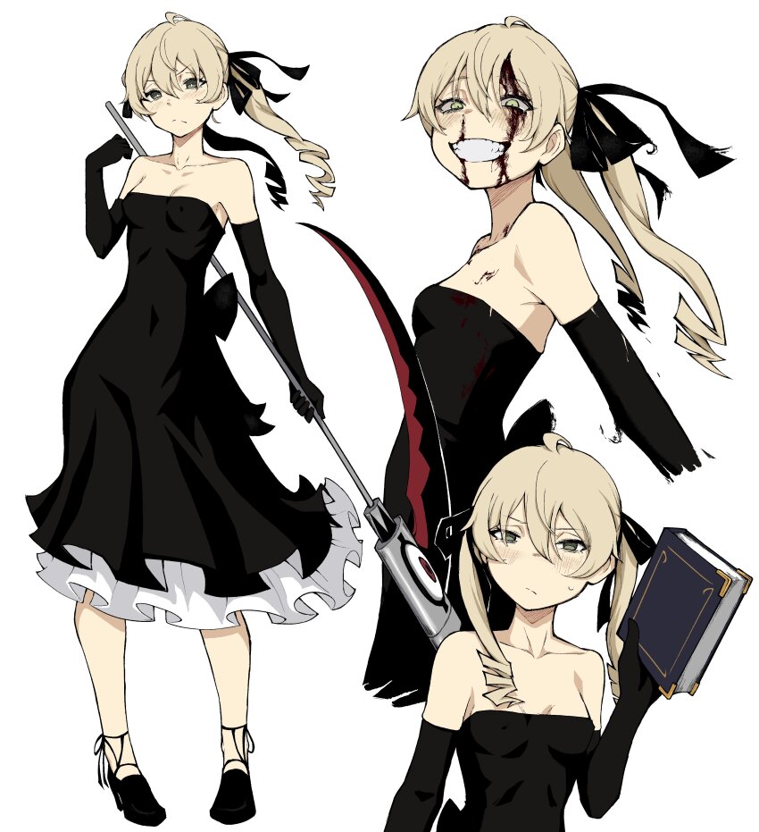 1girl, :/, absurdres, alternate_costume, bare_shoulders, black_blood, black_dress, black_gloves