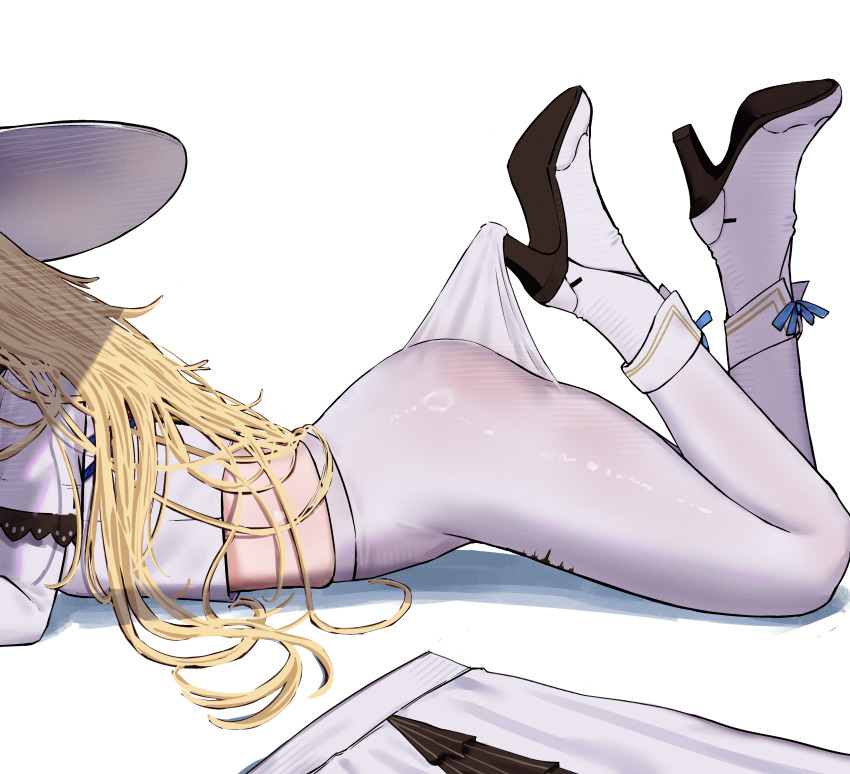 1girl, 2na_(blue2na), absurdres, blonde_hair, boots, commentary, crop_top, from_side, hat, head_out_of_frame, high_heel_boots, high_heels, highres, hooked_on_heel, lace_pantyhose_hooked_on_heel_(meme), long_hair, long_sleeves, lying, meme, on_stomach, pantyhose, phoebe_(wuthering_waves), shirt, simple_background, skirt, solo, tacet_mark_(wuthering_waves), the_pose, unworn_skirt, white_background, white_boots, white_hat, white_pantyhose, white_shirt, white_skirt, wuthering_waves