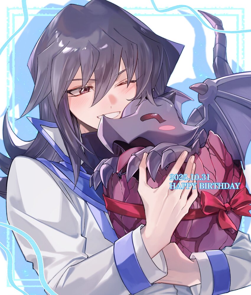 1boy, ;d, black_dragon's_chick, brown_eyes, brown_hair, dated, dragon, duel_academy_uniform_(yu-gi-oh!_gx), duel_monster, hair_between_eyes, happy_birthday, highres, holding, jacket, long_hair, long_sleeves, looking_at_another, male_focus, one_eye_closed, open_mouth, rrr_az00, smile, tenjouin_fubuki, upper_body, white_jacket, yu-gi-oh!, yu-gi-oh!_gx