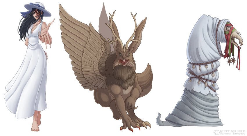 antlers, artist_name, black_hair, blue_bow, bow, breasts, claws, cleavage