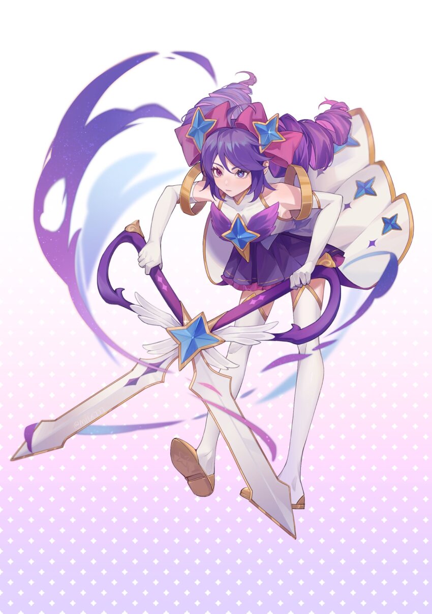 blue_gem, boots, bow, bowtie, commentary, dress, drill_hair, elbow_gloves