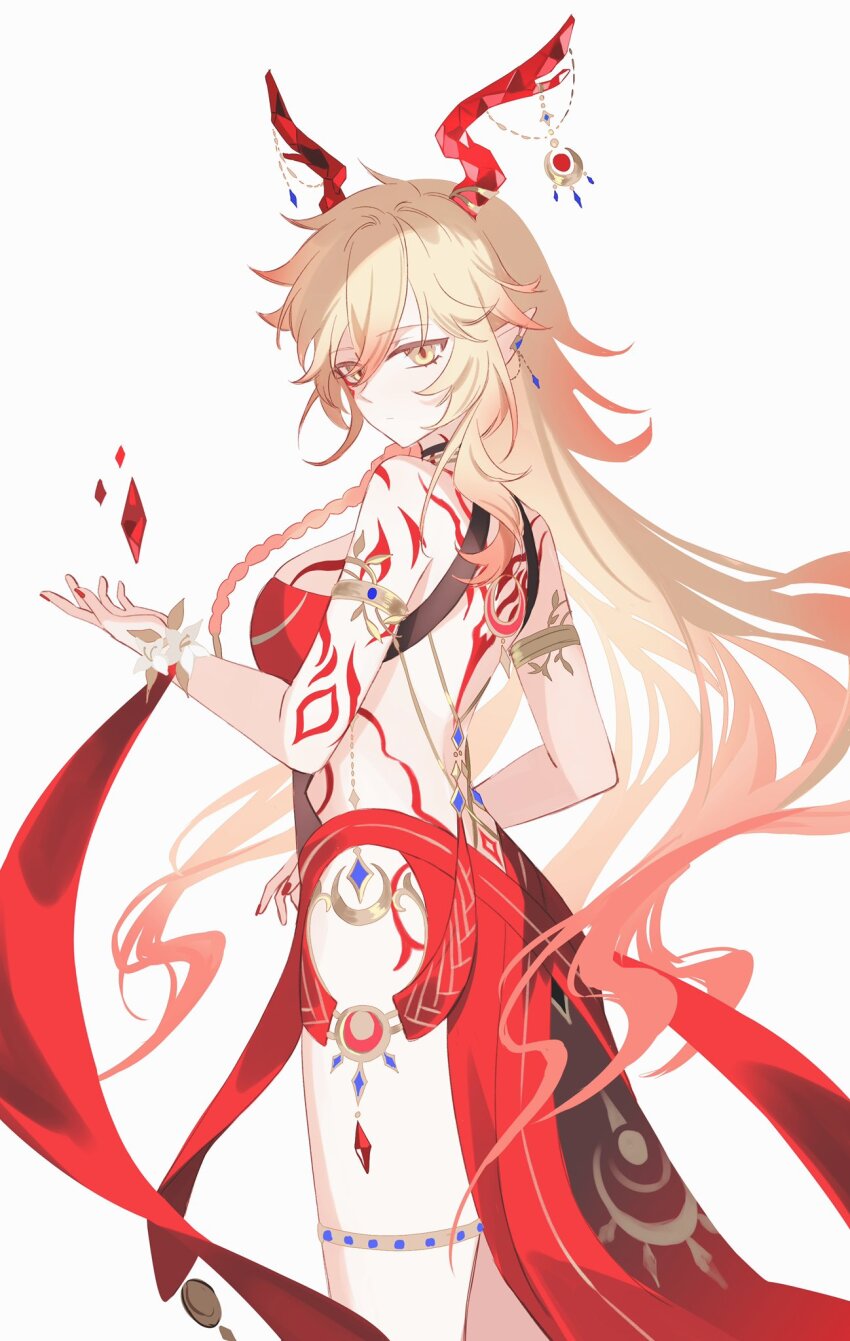 1girl, alternate_species, antler_ornament, antlers, arm_tattoo, armlet, back_tattoo, backless_dress, backless_outfit, bare_shoulders, blonde_hair, braid, breasts, closed_mouth, cosplay, cowboy_shot, crystal, deer_antlers, dress, expressionless, facial_tattoo, floating, floating_object, genderswap, genderswap_(mtf), genshin_impact, gold_armlet, hair_between_eyes, hand_up, hashtag-only_commentary, highres, honkai:_star_rail, honkai_(series), horns, jewelry, large_breasts, lauma_(genshin_impact), lauma_(genshin_impact)_(cosplay), long_hair, looking_at_viewer, looking_back, mihoyo, mydei_(honkai:_star_rail), nail_polish, pointy_ears, red_dress, red_nails, red_tattoo, side_braid, simple_background, single_braid, sleeveless, sleeveless_dress, solo, tattoo, very_long_hair, white_background, yellow_eyes, yigenzhen26389