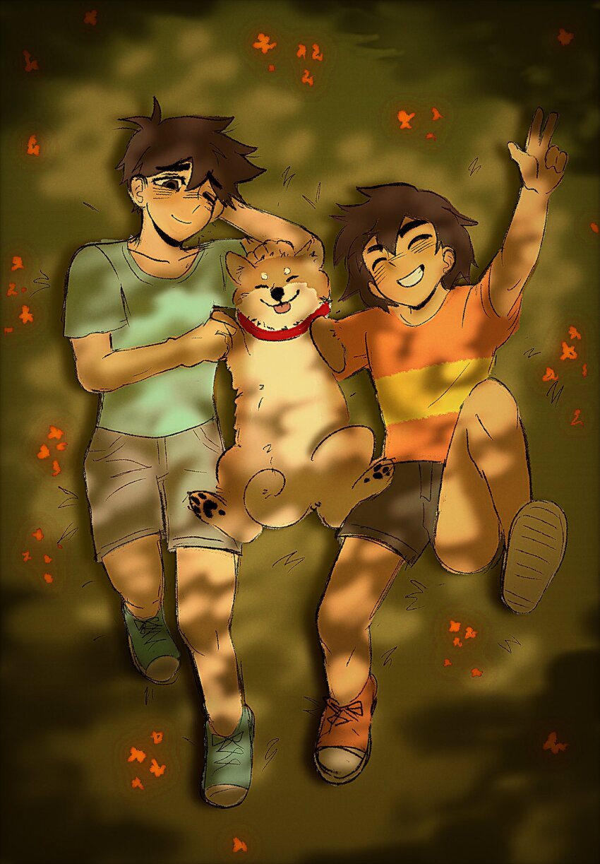 2boys, aged_down, alternate_costume, antenna_hair, arm_behind_head, arm_up, black_eyes, blue_shirt