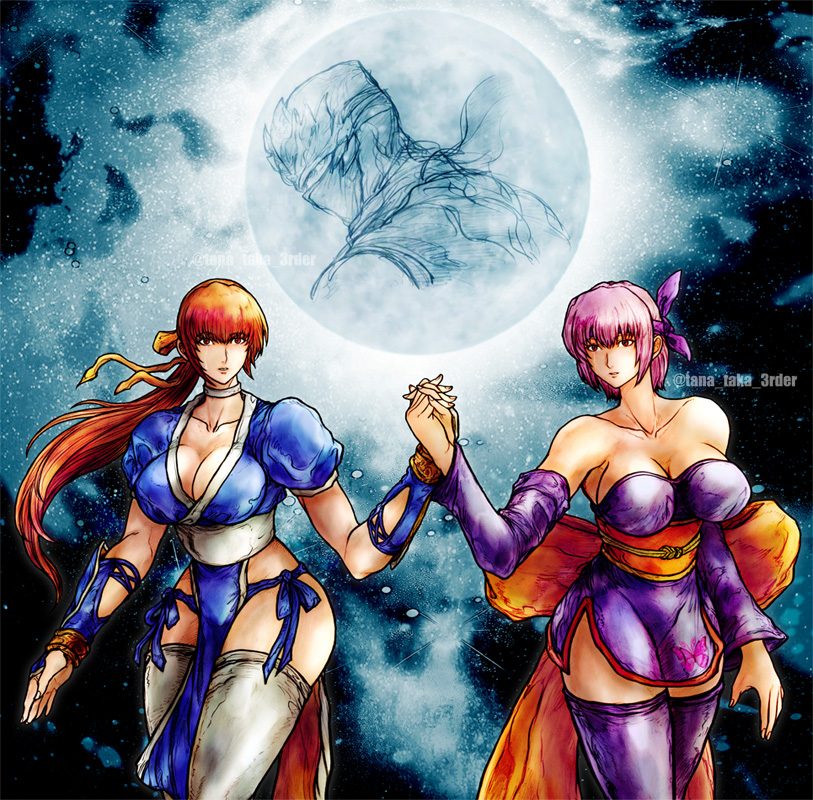 1boy, 2girls, ayane_(doa), breasts, brown_hair, cleavage, dead_or_alive, detached_sleeves, dress, holding_hands, kasumi_(doa), long_hair, moon, multiple_girls, ninja_gaiden, pelvic_curtain, ponytail, purple_hair, ryu_hayabusa, short_dress, short_hair, short_sleeves, siblings, sisters, tana_taka_3rder, wide_hips