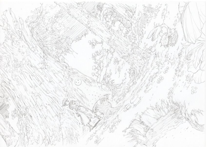 1boy, absurdres, ark_(tenchi_souzou), baggy_pants, carnivorous_plant, commentary_request, dutch_angle, forest