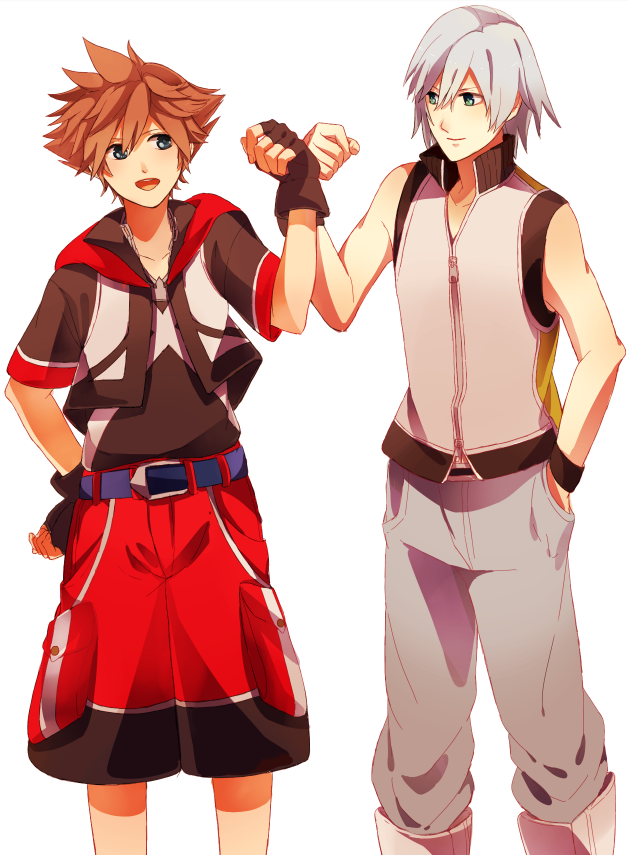 2boys, blue_eyes, boots, brown_hair, fingerless_gloves, gloves, jewelry, kingdom_hearts