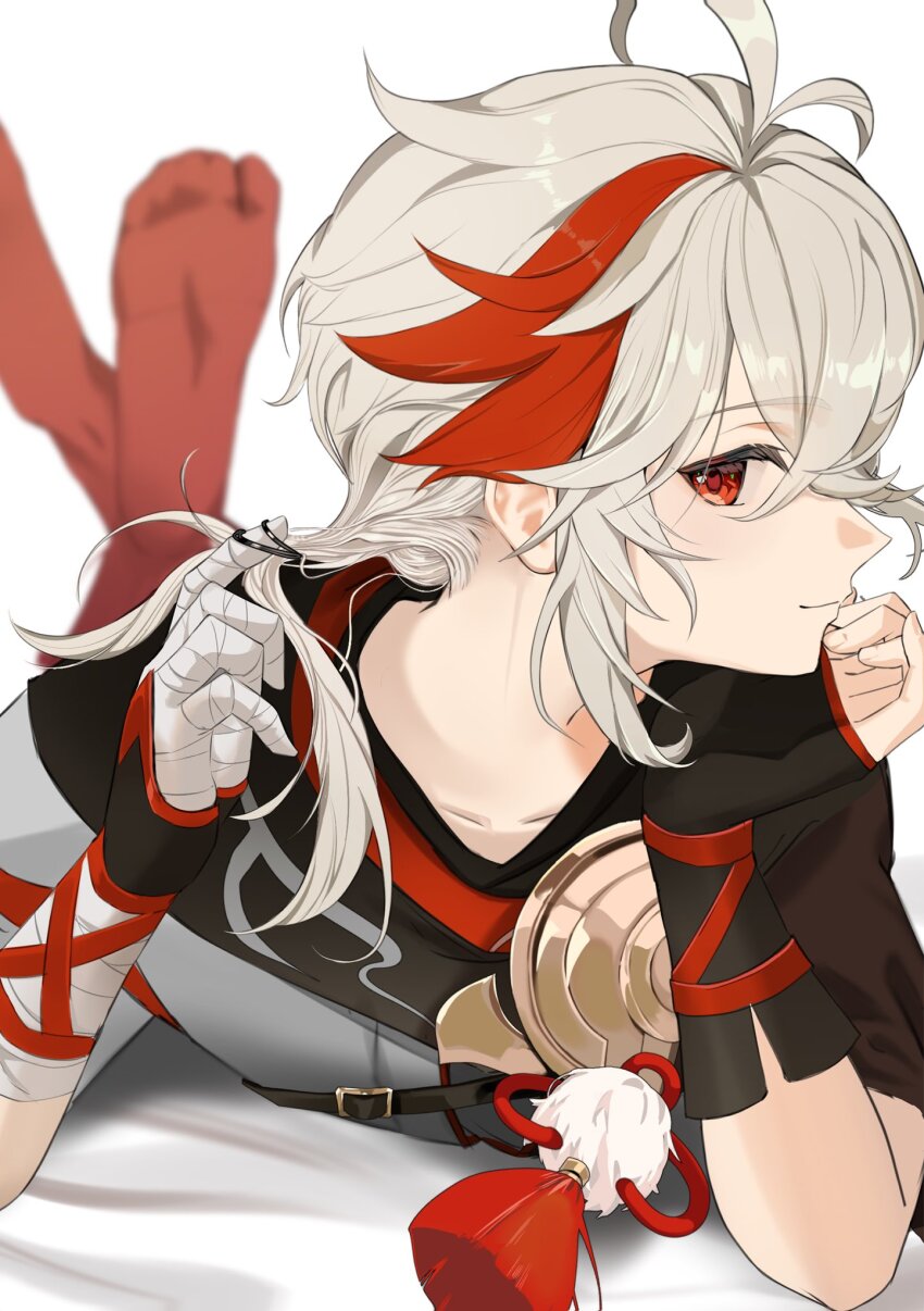 1boy, antenna_hair, bandaged_arm, bandaged_hand, bandages, blurry, blurry_background, commentary_request