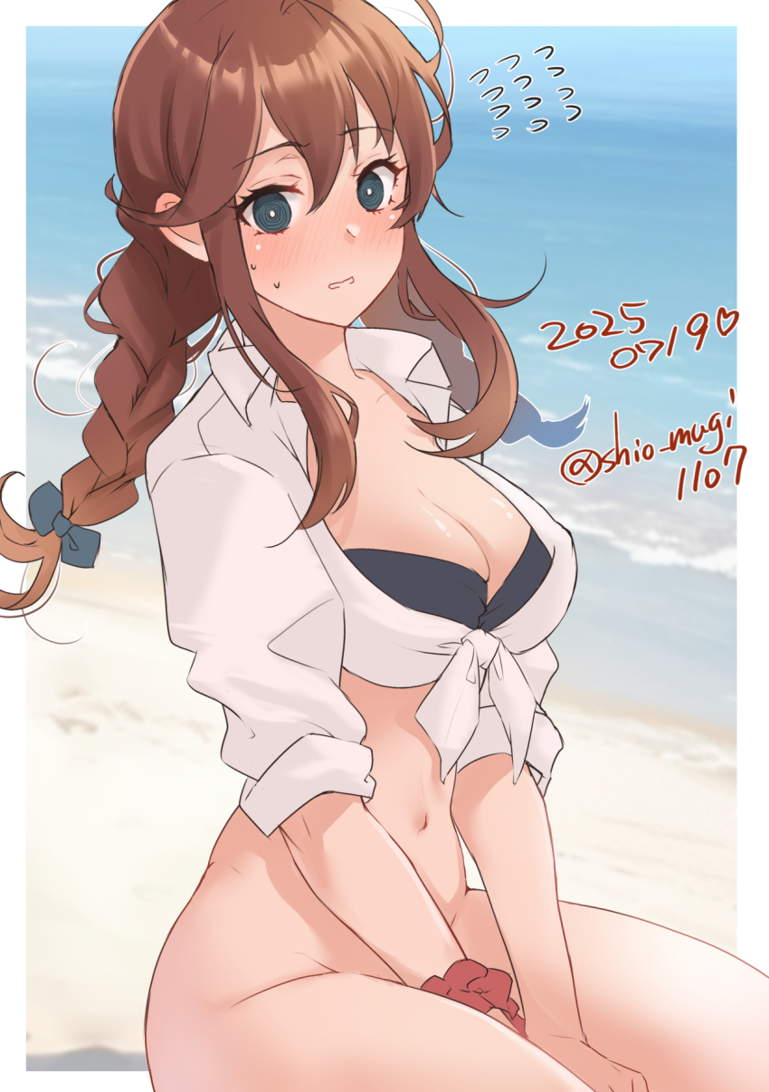 1girl, beach, bikini, bikini_top_only, bikini_under_clothes, black_bikini, blue_sky, blurry, blush, bottomless, braid, breasts, brown_hair, cleavage, cloud, dated, day, depth_of_field, flying_sweatdrops, green_eyes, highres, horizon, kantai_collection, large_breasts, long_hair, looking_at_viewer, navel, nose_blush, noshiro_(kancolle), noshiro_(swimsuit)_(kancolle), ocean, one-hour_drawing_challenge, outdoors, red_shorts, revision, shiomugi_(shio_mugi1107), shirt, shorts, sky, solo, sweat, swept_bangs, swimsuit, tied_shirt, twin_braids, twitter_username, v_arms, white_shirt
