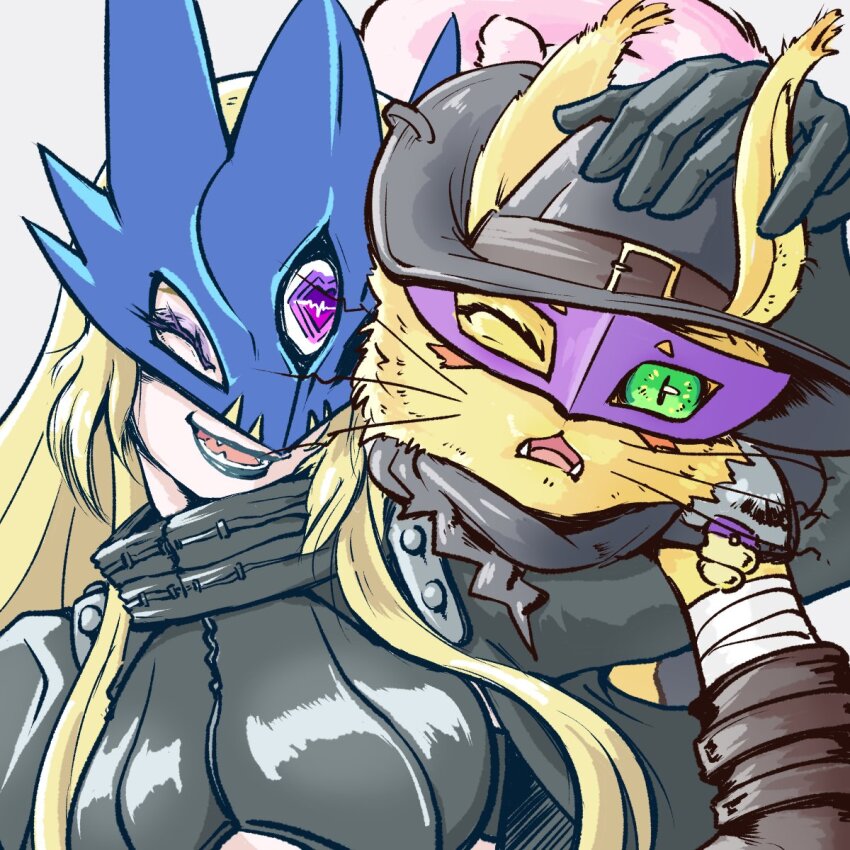 1girl, animal, animal_on_shoulder, beelstarmon, black_hat, black_lips, blonde_hair, breasts, cat, closed_eyes, digimon, digimon_(creature), eye_mask, green_eyes, hat, heart, heart_in_eye, heroeng, highres, large_breasts, long_hair, mask, nyabootmon, purple_eyes, simple_background, symbol_in_eye, third_eye, upper_body, white_background