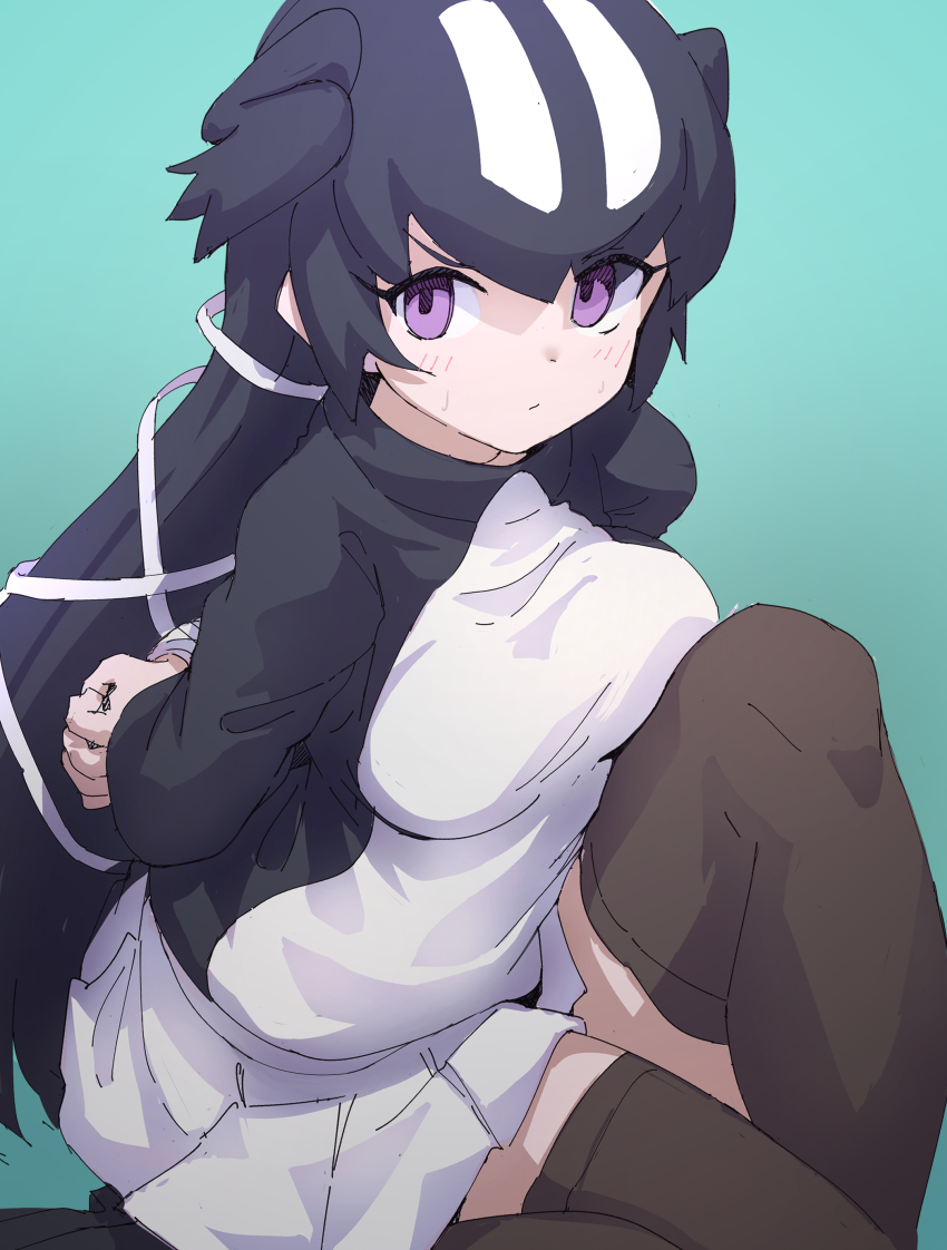 1girl, absurdres, bird_girl, bird_wings, black_hair, blue_background, feathered_wings, great_auk_(kemono_friends)