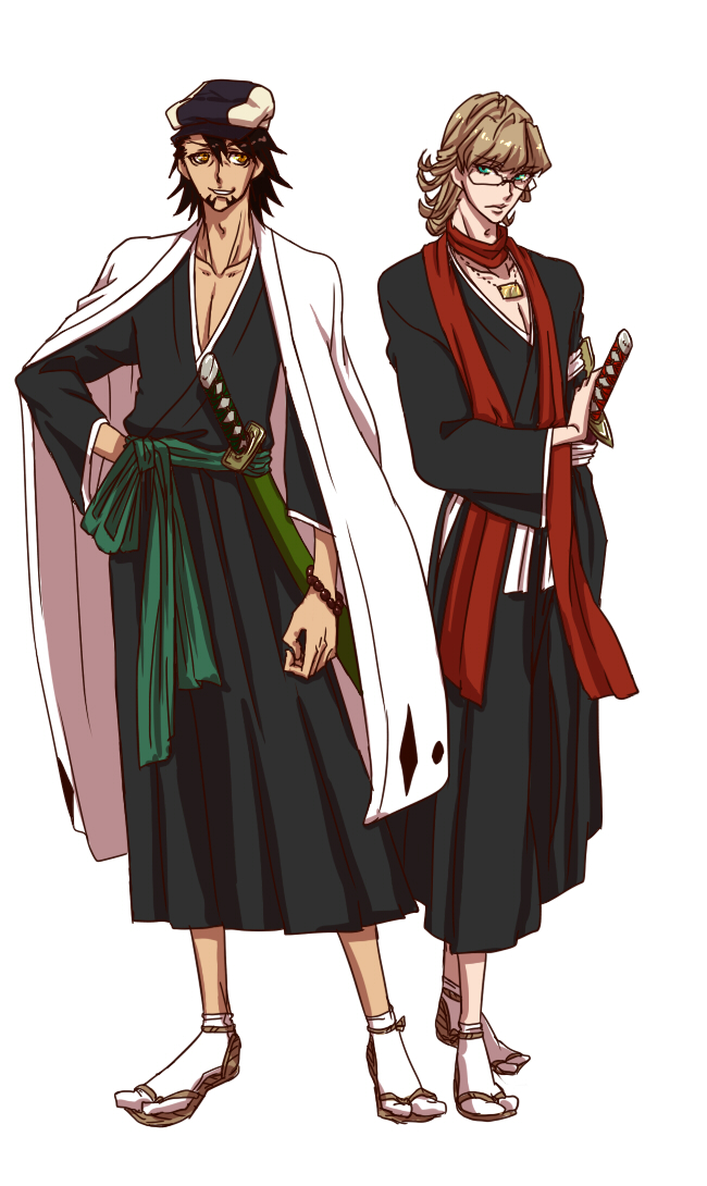 10s, 2boys, barnaby_brooks_jr., bleach, blonde_hair, brown_eyes, brown_hair, newsboy_cap, facial_hair, glasses, green_eyes, haori, hat, japanese_clothes, jewelry, kaburagi_t._kotetsu, katana, male_focus, morita_masakazu, multiple_boys, necklace, scarf, sekiguchi, short_hair, simple_background, stubble, sword, tiger_&amp;_bunny, voice_actor_connection, weapon, white_background