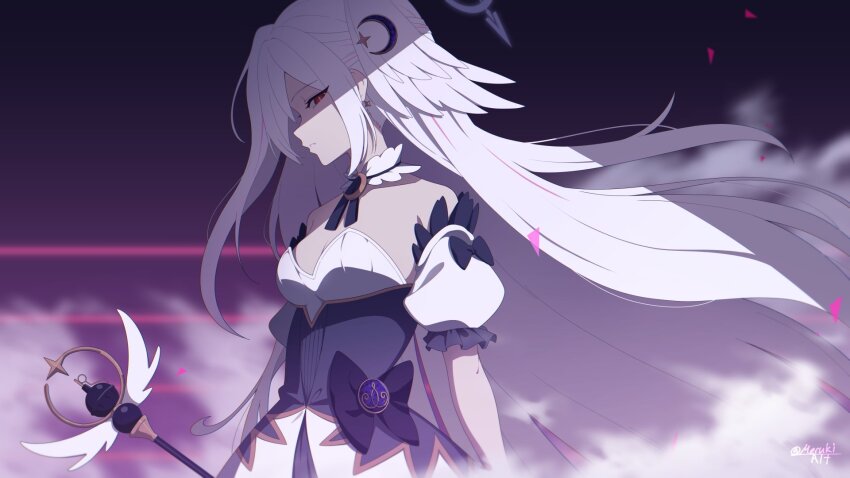 1girl, artist_name, bare_shoulders, blue_archive, commentary_request, crescent, crescent_hair_ornament, dress