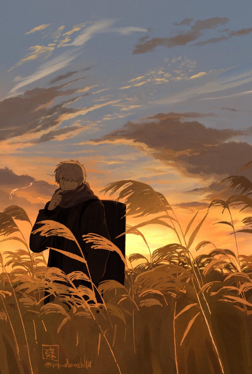 1boy, adjusting_scarf, backpack, bag, blue_sky, cloud, coat, ginko_(mushishi)