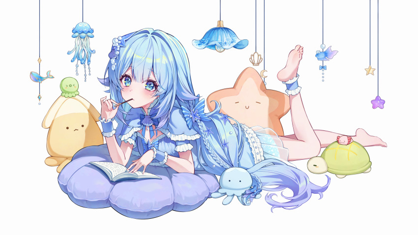 1girl, animal-shaped_pillow, barefoot, blue_ankle_cuffs, blue_capelet, blue_dress, blue_eyes, blue_hair