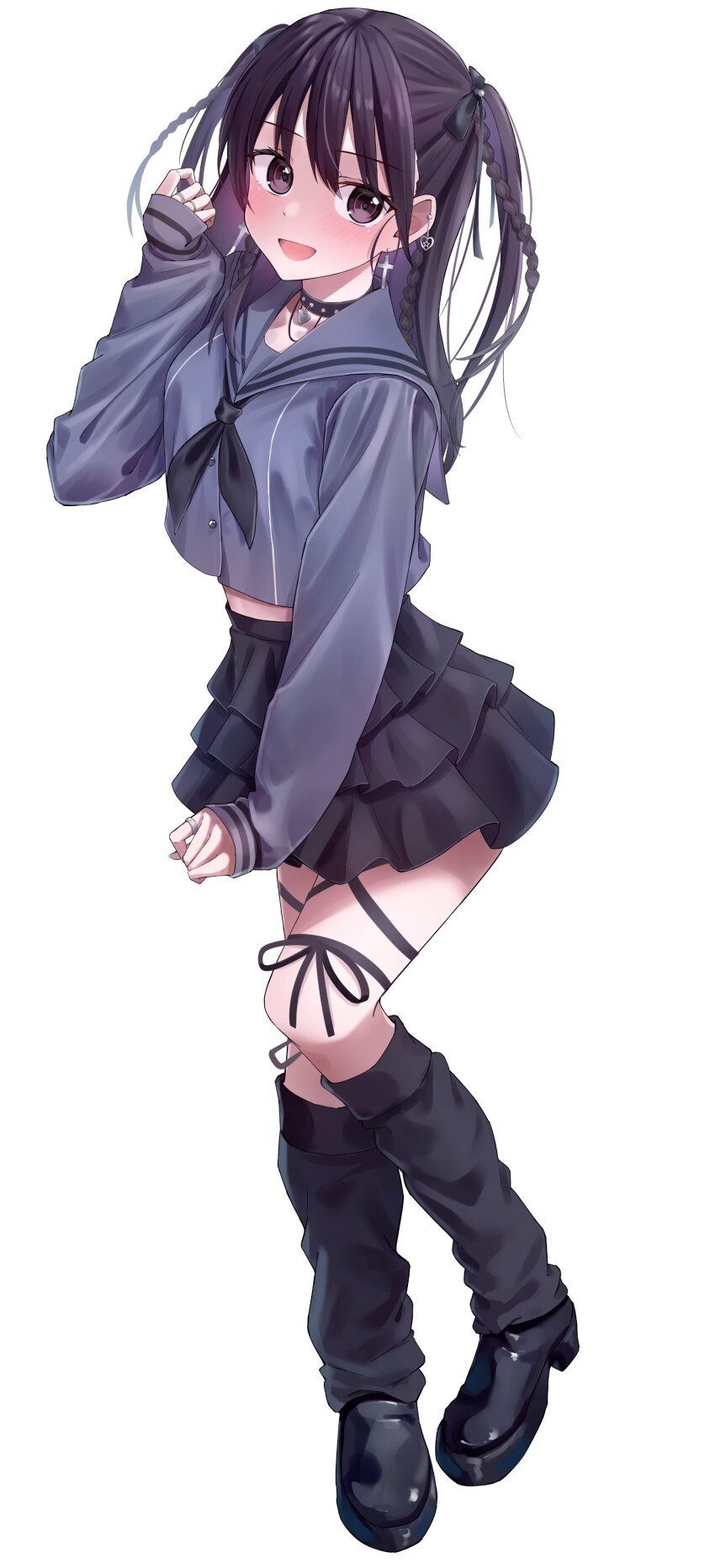 1girl, :d, absurdres, black_choker, black_eyes, black_hair, black_leg_warmers, black_neckerchief, black_ribbon, black_shoes, black_skirt, braid, choker, commentary_request, cross, cross_earrings, ear_piercing, earrings, full_body, hand_up, highres, jewelry, leg_warmers, long_hair, long_sleeves, midriff, neckerchief, official_alternate_costume, ookuma_wakana, open_mouth, piercing, real_life, ribbon, rikka006, ring, sailor_collar, shoes, sideways_glance, simple_background, skirt, smile, solo, voice_actor, white_background