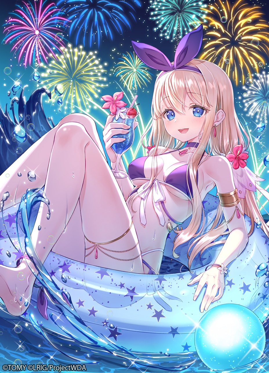 1girl, 90kyuuri, aerial_fireworks, bikini, blonde_hair, blue_eyes, breasts, cleavage