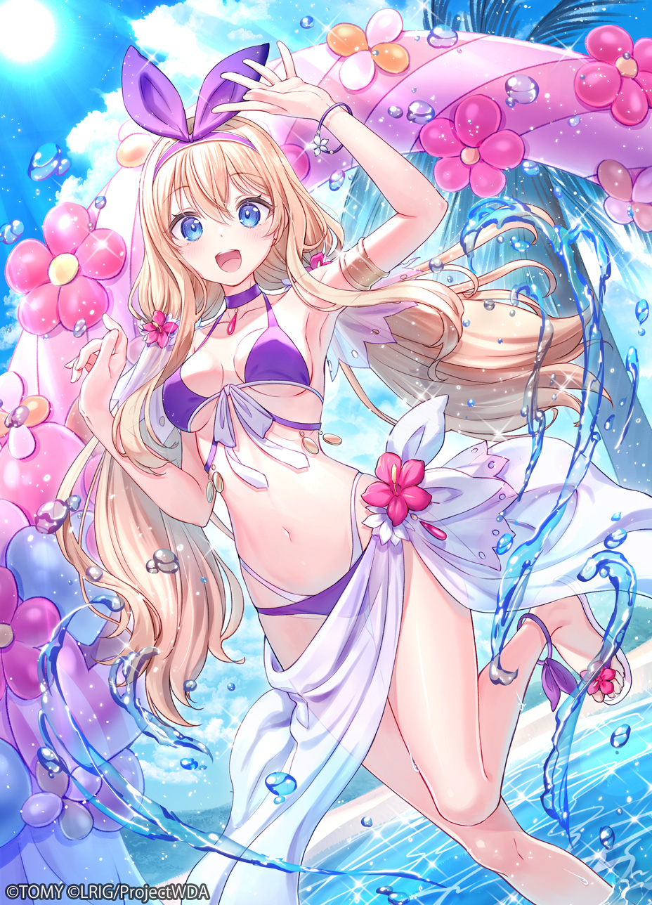 1girl, 90kyuuri, arm_up, bikini, blue_eyes, blue_sky, breasts, cleavage
