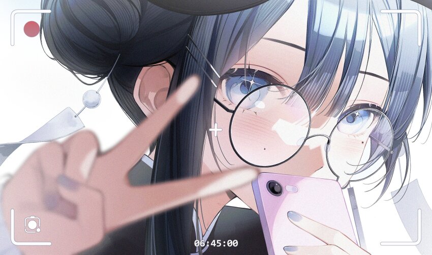 1girl, black-framed_eyewear, black_hair, black_jacket, blue_eyes, blue_nails, blurry, blurry_foreground
