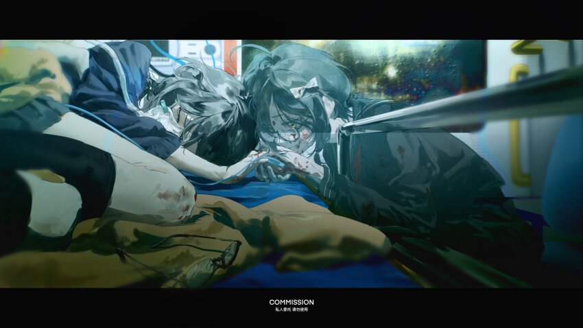 2girls, ambulance, ambulance_interior, black-framed_eyewear, black_hair, black_serafuku, black_skirt, black_socks