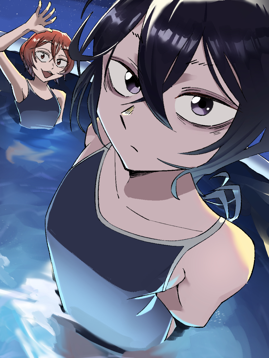 2girls, :d, arm_up, arms_behind_back, bare_shoulders, black_eyes, black_hair, blue_one-piece_swimsuit, brown_hair, closed_mouth, collarbone, crossed_bangs, eros_no_kami, flat_chest, frown, fuyumura_shiori, highres, kazao_niko, long_hair, multiple_girls, night, one-piece_swimsuit, open_mouth, partially_submerged, sanda_(itagaki_paru), school_swimsuit, short_hair, sky, smile, swimsuit, water, waving
