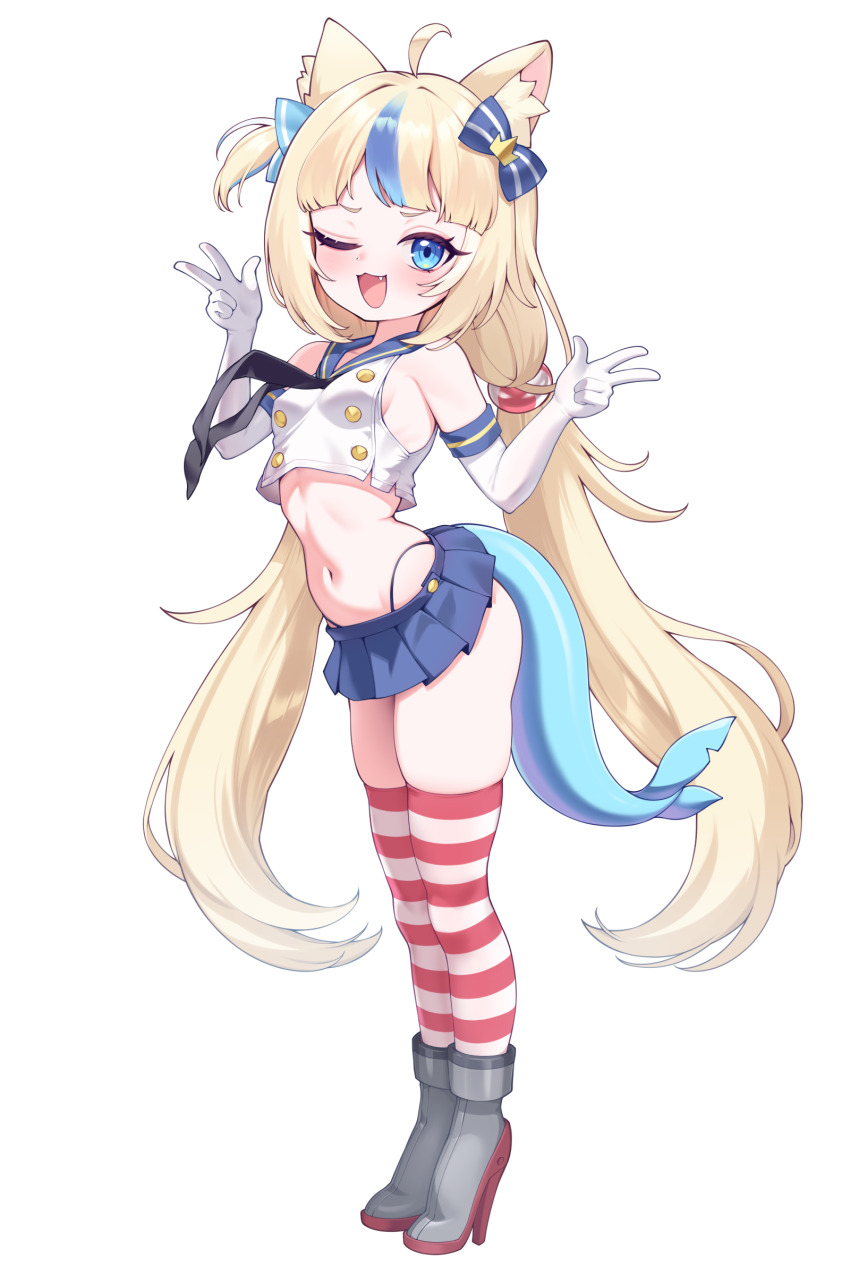 1girl, absurdres, ahoge, animal_ears, blonde_hair, blue_eyes, blue_sailor_collar, blush, breasts, cat_ears, cosplay, double_v, elbow_gloves, fang, female_focus, fins, fish_tail, full_body, gloves, hair_ribbon, high_heels, highres, hyeonin_gentora, indie_virtual_youtuber, kantai_collection, legs, loli, long_hair, long_twintails, looking_at_viewer, navel, necktie, one_eye_closed, ribbon, sailor_collar, sameko_saba, shimakaze_(kancolle), shimakaze_(kancolle)_(cosplay), skindentation, skirt, small_breasts, smile, solo, tail, thighhighs, thighs, thong, twintails, v, virtual_youtuber, white_background
