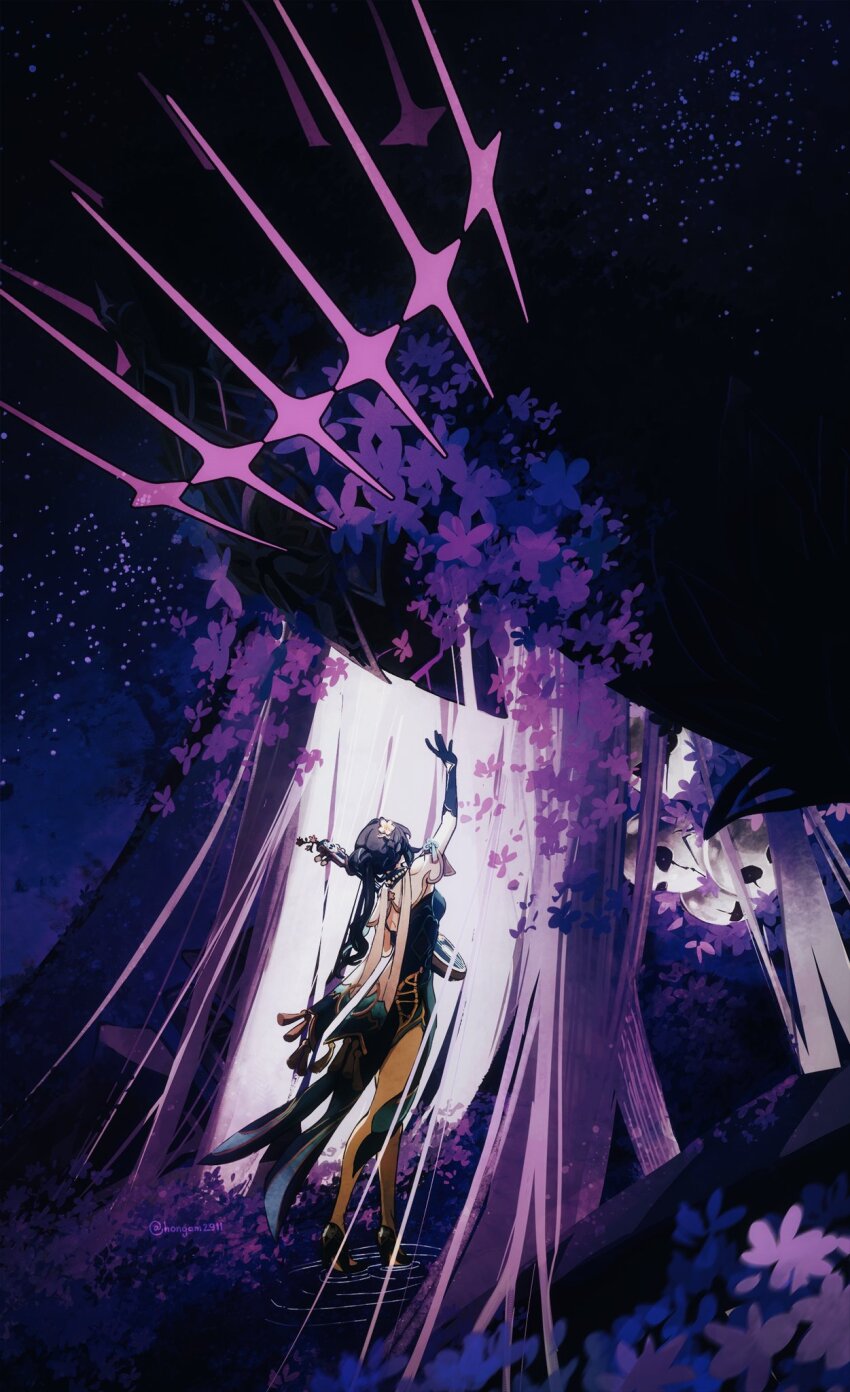 2girls, alternate_form, aqua_dress, bead_necklace, beads, black_hair, chinese_clothes, cross, crown, dress, elbow_gloves, faceless, flower, from_behind, gloves, hair_bun, hair_flower, hair_ornament, hashtag-only_commentary, herta_(honkai:_star_rail), herta_(rubert_iii)_(honkai:_star_rail), high_heels, highres, hongam2911, honkai:_star_rail, honkai_(series), jewelry, long_hair, multiple_girls, necklace, purple_flower, reaching, reaching_towards_another, ruan_mei_(honkai:_star_rail), skull, star_(sky), tassel, the_herta_(honkai:_star_rail), very_long_hair, water, yuri