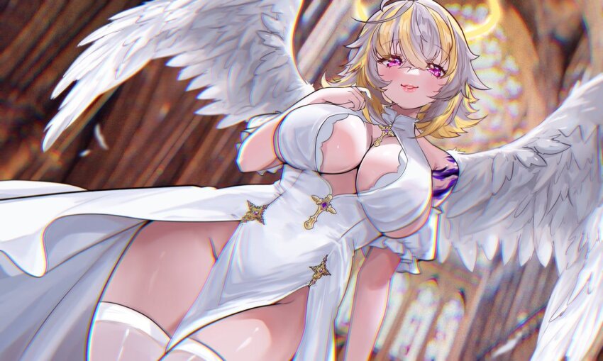 1girl, angstowo, blonde_hair, blurry, blurry_background, breasts, cleavage_cutout, clothing_cutout, dress, feathered_wings, glitch_stars, grey_hair, lips, multicolored_hair, parted_lips, pelvic_curtain, purple_eyes, second-party_source, solo, streaked_hair, sunny_splosion, thighhighs, virtual_youtuber, white_dress, white_wings, wings, ych_commission