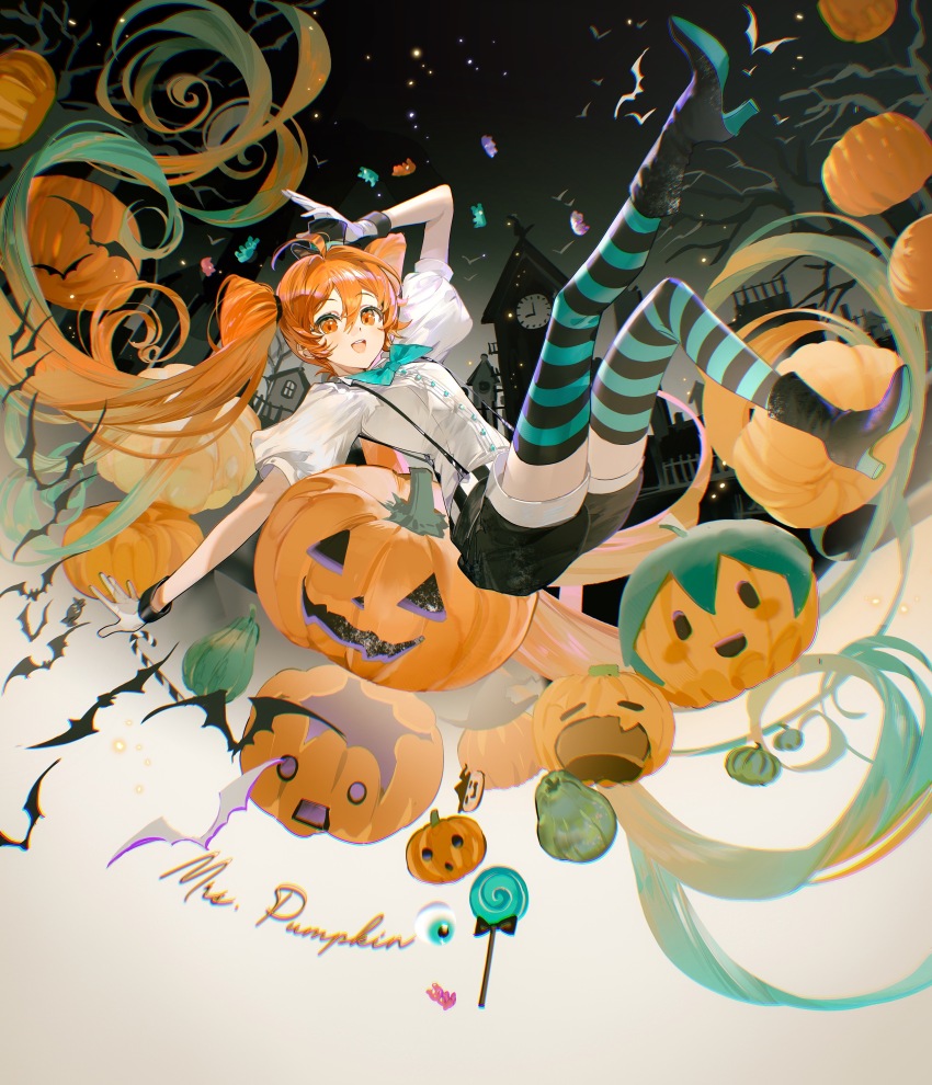 1girl, absurdres, ahoge, aqua_bow, aqua_bowtie, aqua_hair, bat_(animal), black_shorts