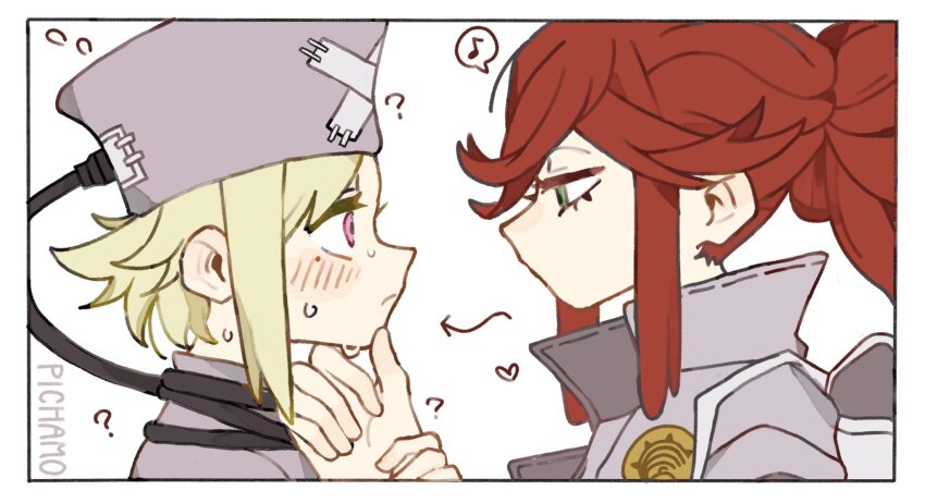 2girls, bad_id, bad_twitter_id, blush, chamopichamo, eishia_stilza, flipped_bangs, folded_ponytail