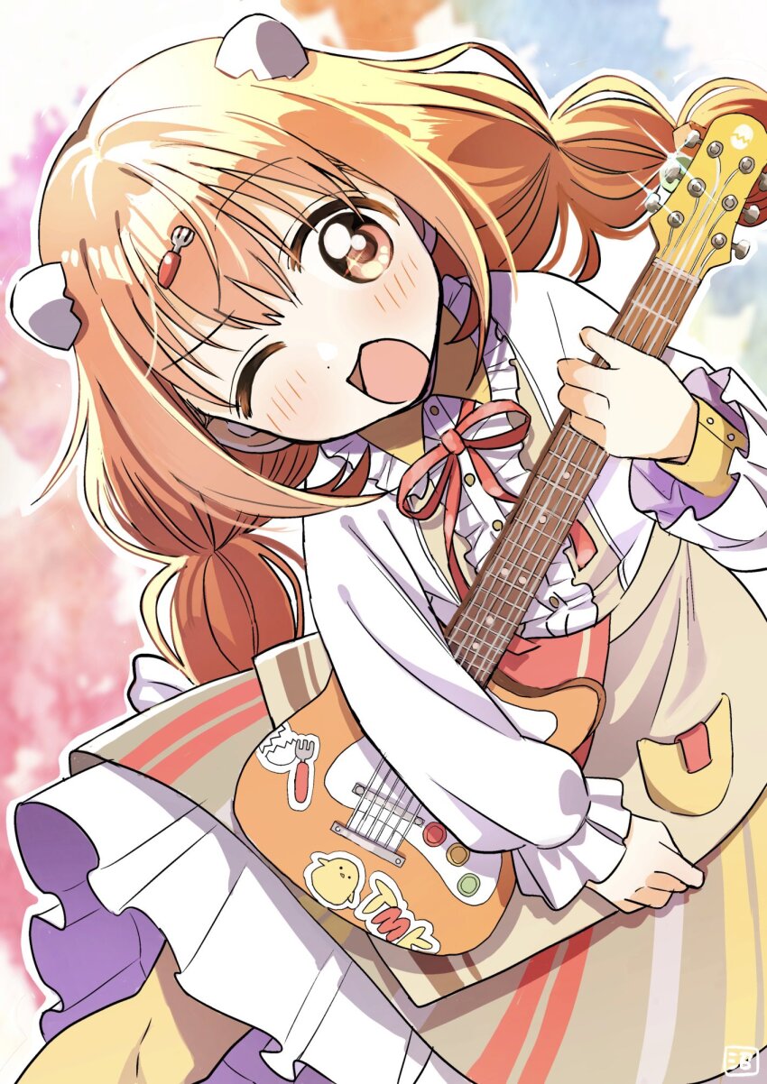 1girl, apron, blurry, blurry_background, blush, braid, brown_apron, brown_skirt