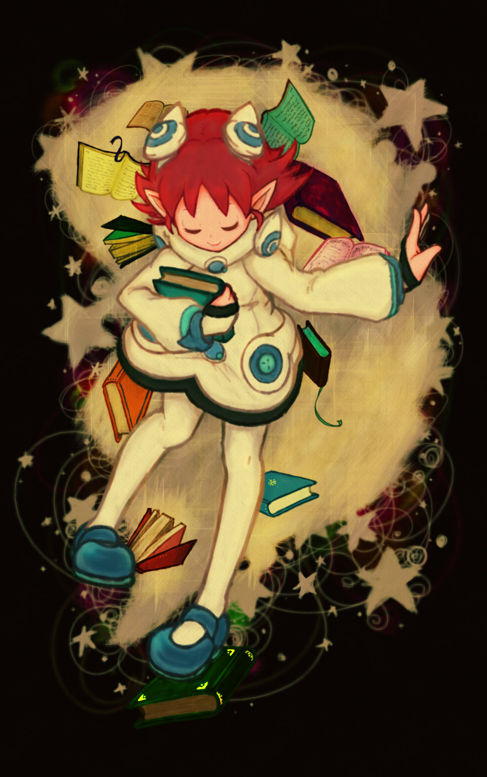 1girl, blue_shoes, book, bow, closed_eyes, coat, commentary_request, full_body