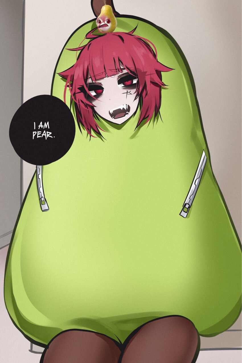 1girl, ace_glitch, alternate_hairstyle, commentary, cosplay, costume, cowboy_shot, english_commentary, english_text, highres, kasane_teto, looking_at_viewer, messy_hair, open_mouth, pearto, pearto_(cosplay), red_eyes, red_hair, short_hair, solo, speech_bubble, talking, utau, zipper, zipper_pull_tab