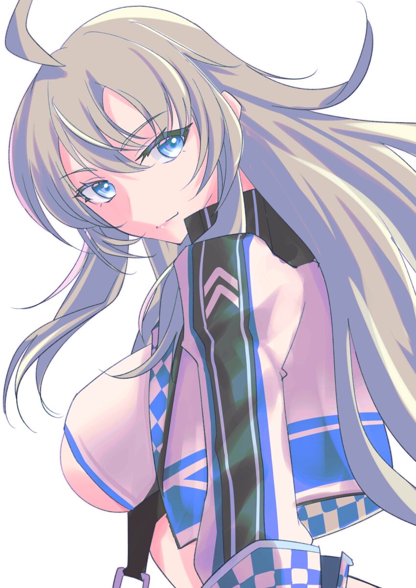 1girl, ahoge, breasts, cropped_jacket, grey_eyes, grey_hair, highres, jacket