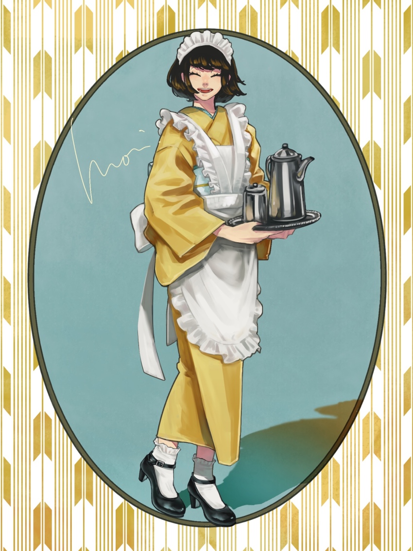 1girl, apron, black_hair, block_heels, bob_cut, closed_eyes, frilled_apron, frilled_socks